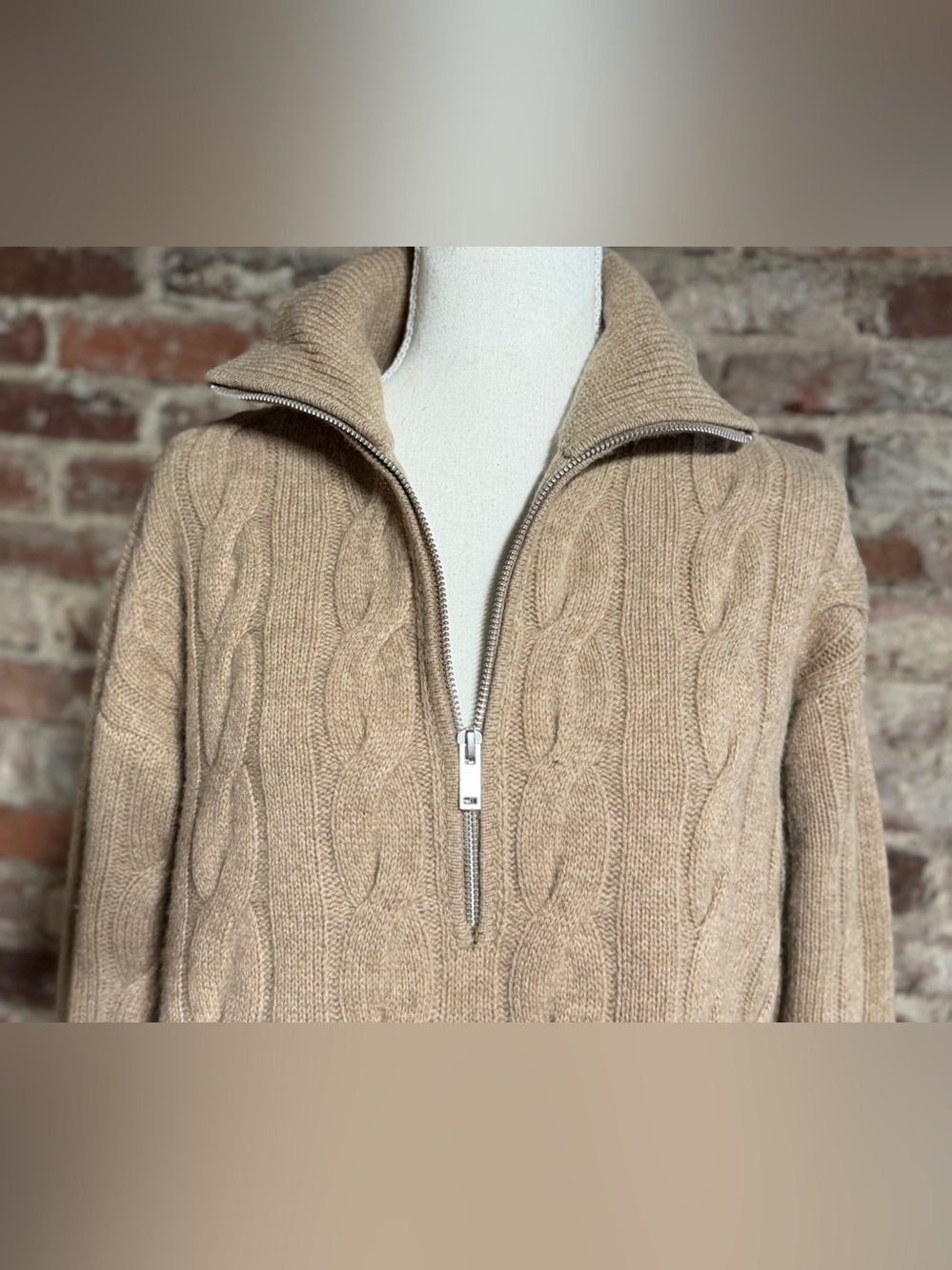 Everlane The Cable Half-Zip Sweater in Luxe Merino RWS Wool Bone Beige - Picture 3 of 11